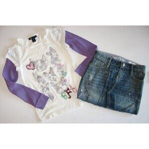 Gap Kids doodle jean denim skirt French Terrier bulldog top shirt outfit 6 7 S